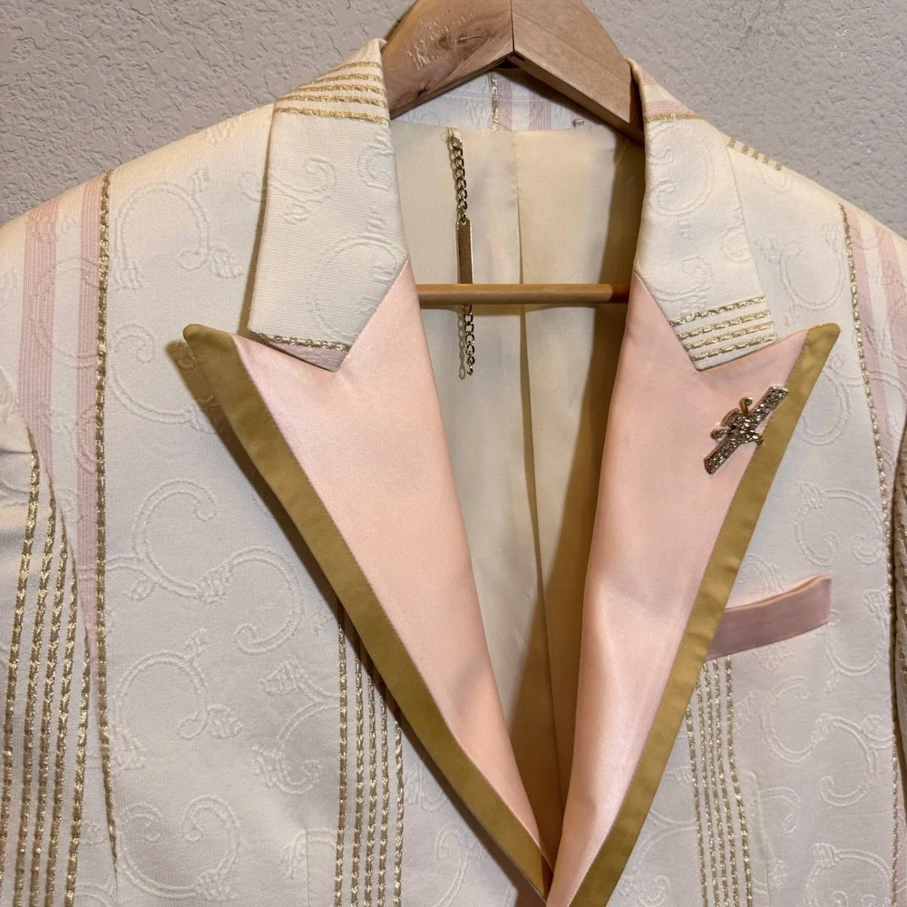 Barabas Suit Set Floral Jacquard Pink White Gold Mens 38R 32 Slim Fit BL3006-1#